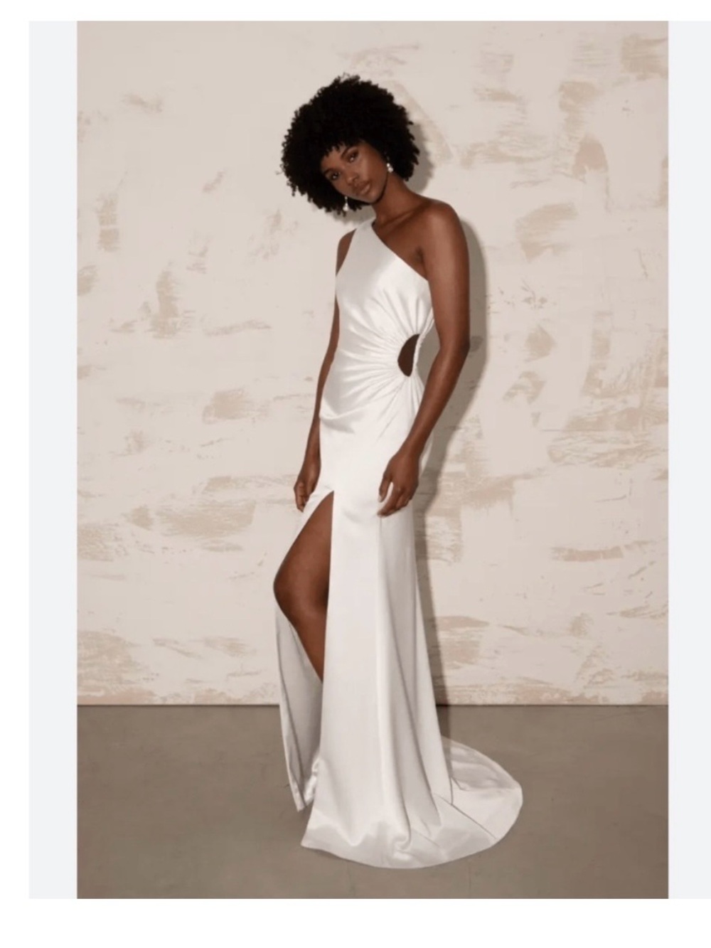 Jenny Yoo White One-Shoulder Cutout Satin Gown with High Slit (Sasha Style)